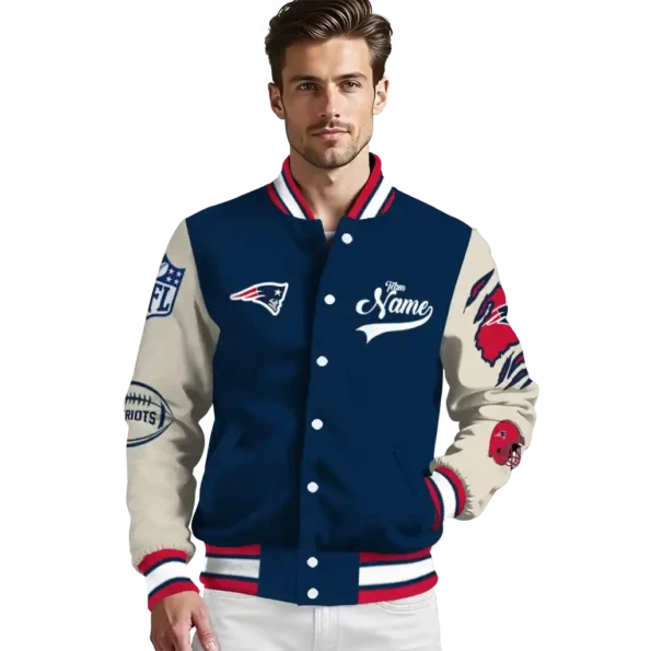 customized new england patriots razorback outline blue nude varsity jacket high quality