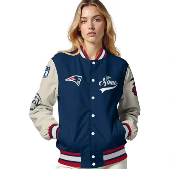 customized new england patriots razorback outline blue nude varsity jacket latest model