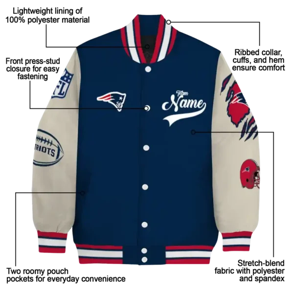 customized new england patriots razorback outline blue nude varsity jacket new arrival