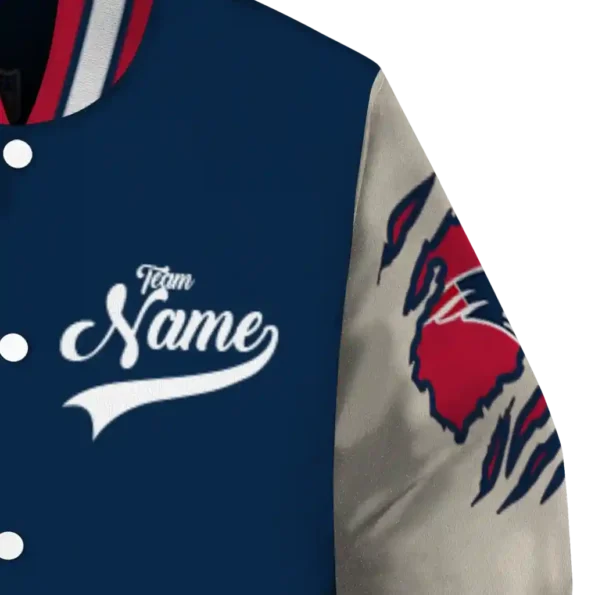 customized new england patriots razorback outline blue nude varsity jacket premium grade