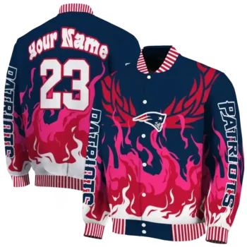 customized new england patriots winged blaze blue white varsity jacket fashion forward