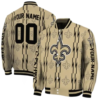 customized new orleans saints bolt stripe gold varsity jacket fashion forward