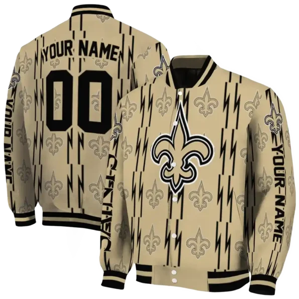 customized new orleans saints bolt stripe gold varsity jacket fashion forward