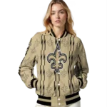 customized new orleans saints bolt stripe gold varsity jacket best selling
