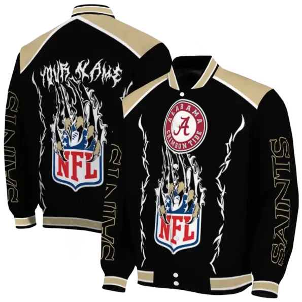 customized new orleans saints claw blood gold black varsity jacket fashion forward