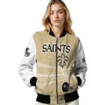 customized new orleans saints ferris arena gold white bomber jacket best selling