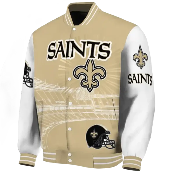 customized new orleans saints ferris arena gold white varsity jacket best selling