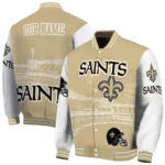 customized new orleans saints ferris arena gold white varsity jacket best selling