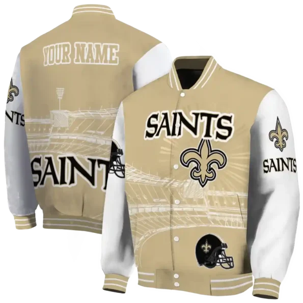 customized new orleans saints ferris arena gold white varsity jacket fashion forward