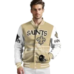 customized new orleans saints ferris arena gold white varsity jacket best selling