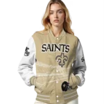 customized new orleans saints ferris arena gold white varsity jacket best selling