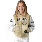 customized new orleans saints ferris arena gold white varsity jacket best selling