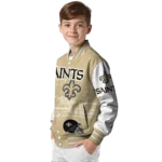 customized new orleans saints ferris arena gold white varsity jacket best selling
