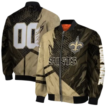 customized new orleans saints hexagon mesh gold black bomber jacket fashion forward