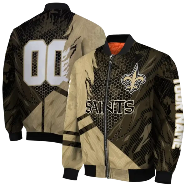 customized new orleans saints hexagon mesh gold black bomber jacket fashion forward