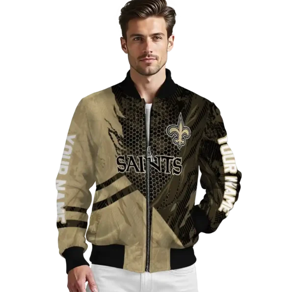 customized new orleans saints hexagon mesh gold black bomber jacket high quality