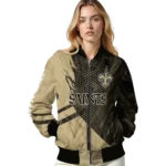 customized new orleans saints hexagon mesh gold black bomber jacket best selling