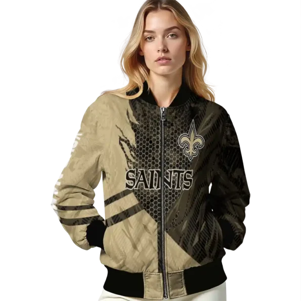customized new orleans saints hexagon mesh gold black bomber jacket latest model
