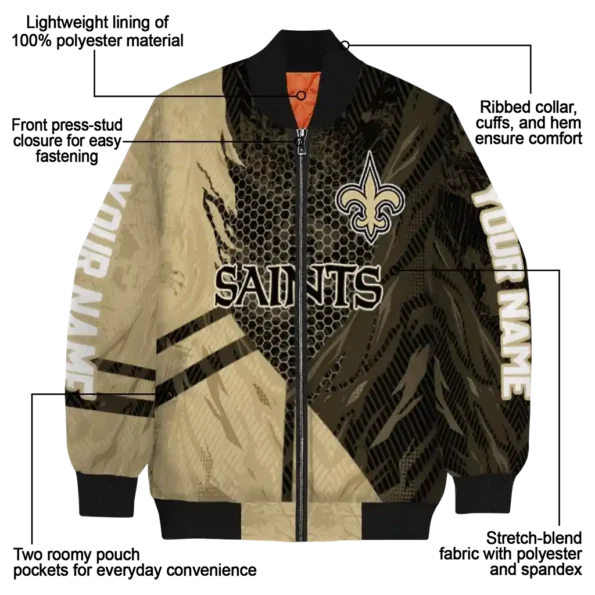 customized new orleans saints hexagon mesh gold black bomber jacket new arrival