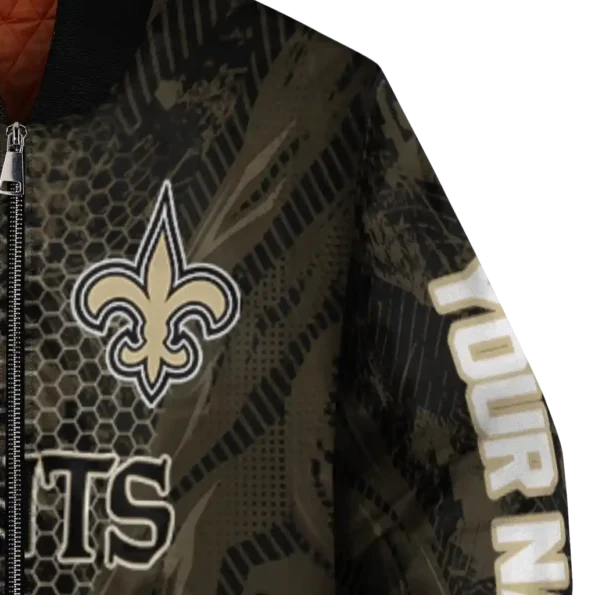 customized new orleans saints hexagon mesh gold black bomber jacket premium grade