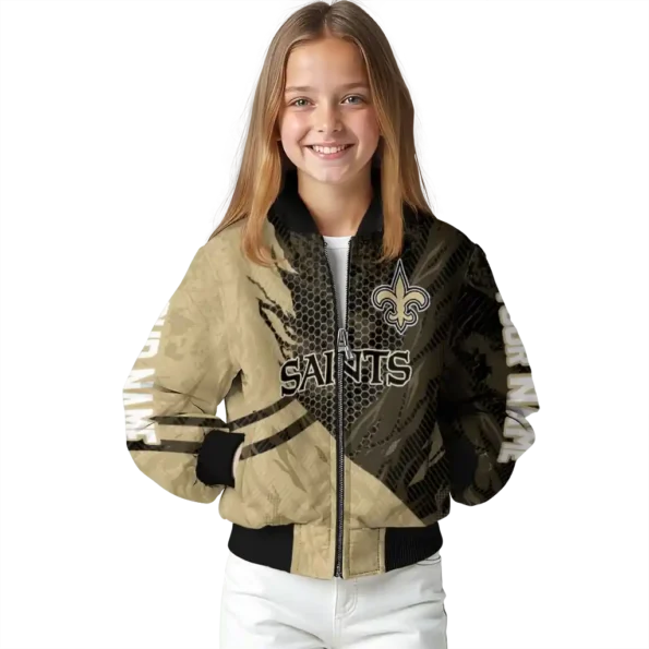 customized new orleans saints hexagon mesh gold black bomber jacket top rated