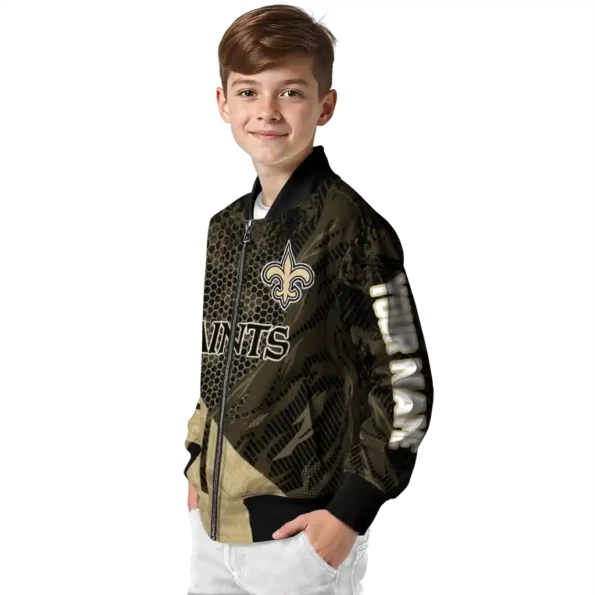 customized new orleans saints hexagon mesh gold black bomber jacket trendy