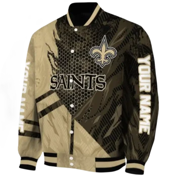 customized new orleans saints hexagon mesh gold black varsity jacket best selling