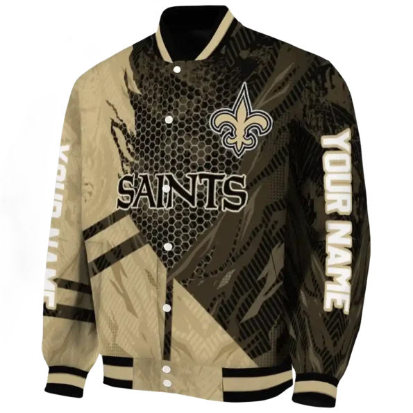 customized new orleans saints hexagon mesh gold black varsity jacket best selling