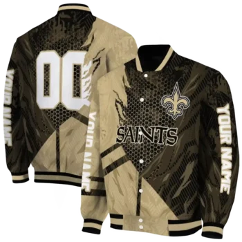 customized new orleans saints hexagon mesh gold black varsity jacket fashion forward
