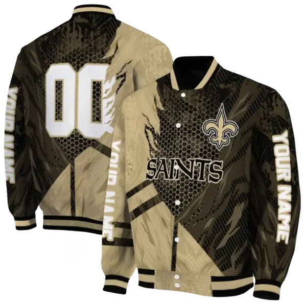 customized new orleans saints hexagon mesh gold black varsity jacket fashion forward