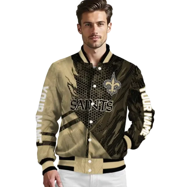 customized new orleans saints hexagon mesh gold black varsity jacket high quality