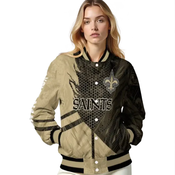 customized new orleans saints hexagon mesh gold black varsity jacket latest model