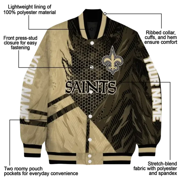customized new orleans saints hexagon mesh gold black varsity jacket new arrival