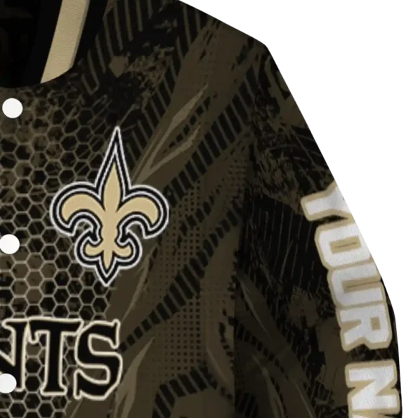 customized new orleans saints hexagon mesh gold black varsity jacket premium grade