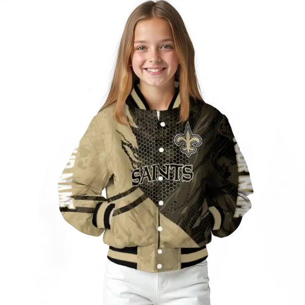 customized new orleans saints hexagon mesh gold black varsity jacket top rated