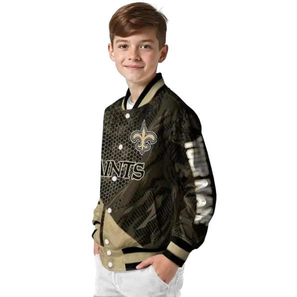 customized new orleans saints hexagon mesh gold black varsity jacket trendy