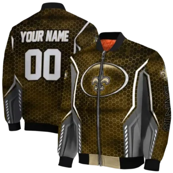 customized new orleans saints power plate gold bomber jacket fashion forward