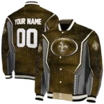 customized new orleans saints power plate gold varsity jacket best selling