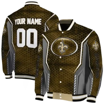 customized new orleans saints power plate gold varsity jacket fashion forward