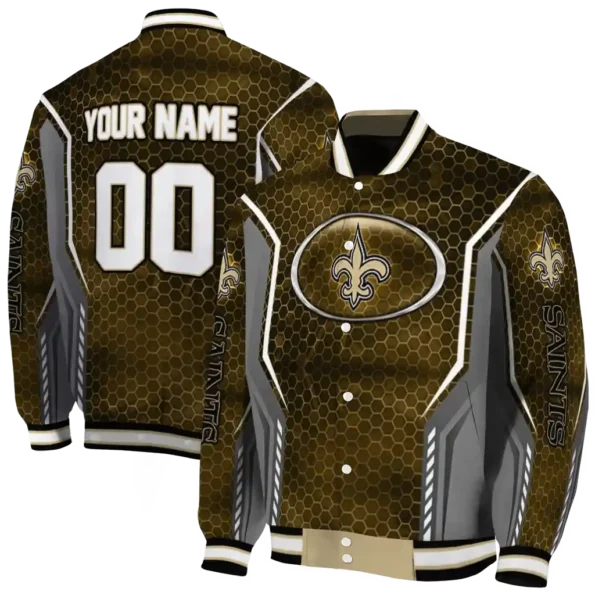customized new orleans saints power plate gold varsity jacket fashion forward