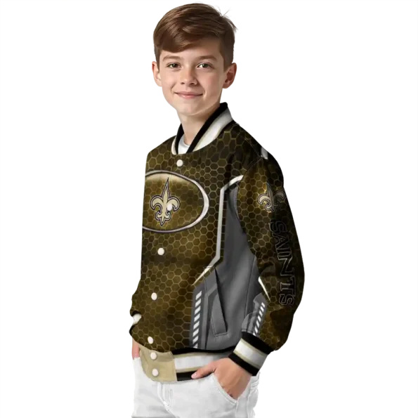 customized new orleans saints power plate gold varsity jacket trendy