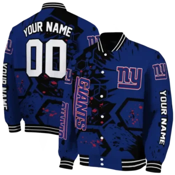 customized new york giants hexagon cluster blue black varsity jacket fashion forward