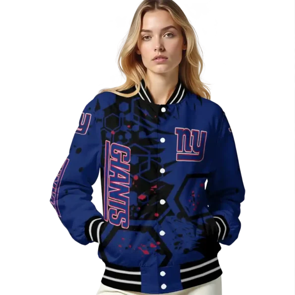 customized new york giants hexagon cluster blue black varsity jacket latest model