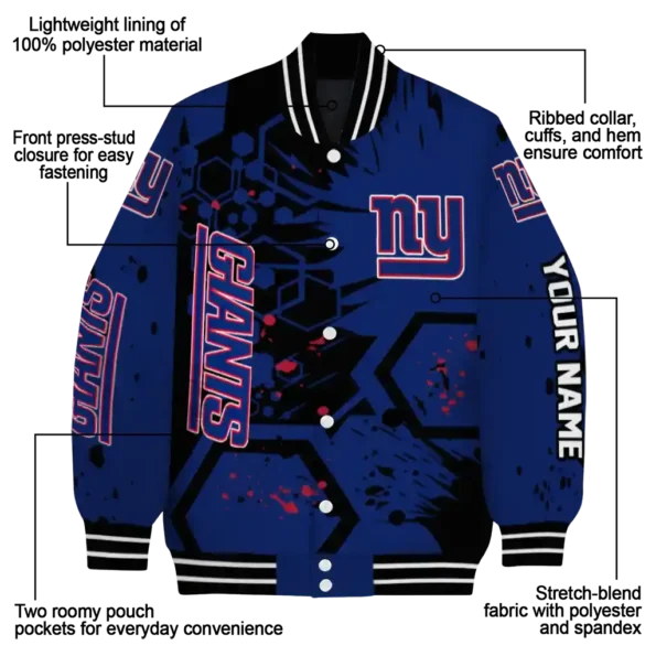 customized new york giants hexagon cluster blue black varsity jacket new arrival