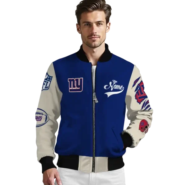 customized new york giants razorback outline blue nude bomber jacket high quality
