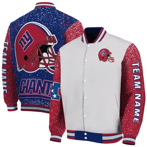 customized new york giants speckled arms blue gray varsity jacket fashion forward