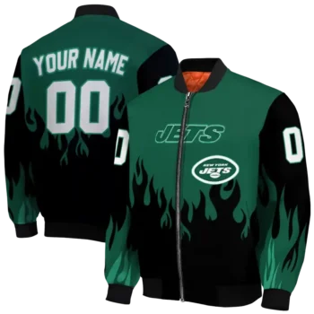 customized new york jets flame border green black bomber jacket fashion forward