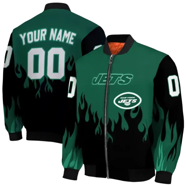 customized new york jets flame border green black bomber jacket fashion forward