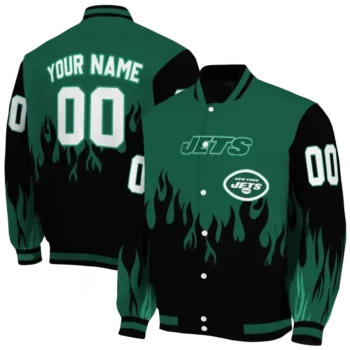 customized new york jets flame border green black varsity jacket fashion forward