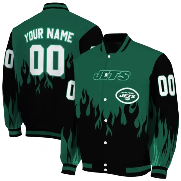 customized new york jets flame border green black varsity jacket fashion forward
